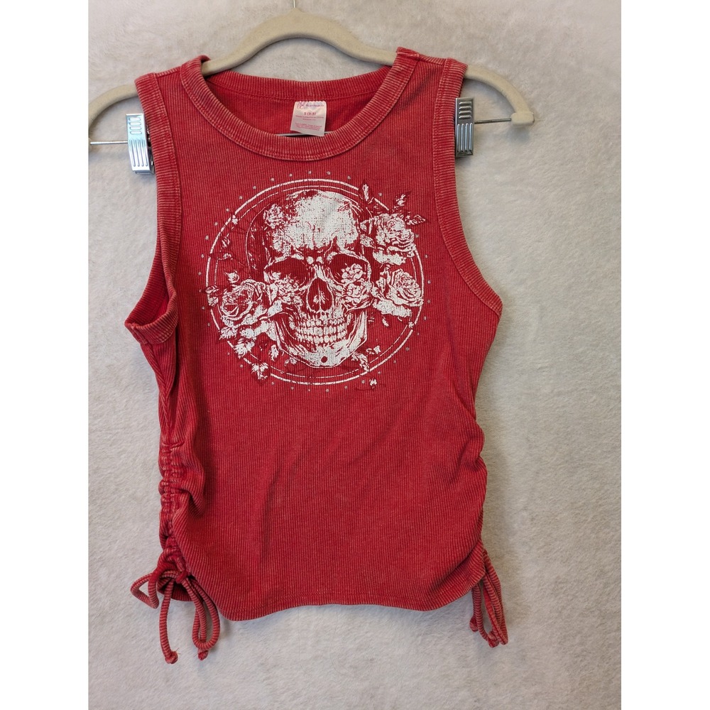 No Boundaries Tank Top Womens S Red Skull Roses Graphic Side Tie Ribbed Crewneck